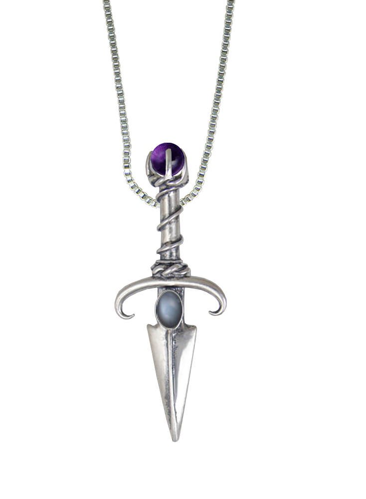 Sterling Silver Black Prince's Knife Dagger Pendant With Grey Moonstone And Amethyst